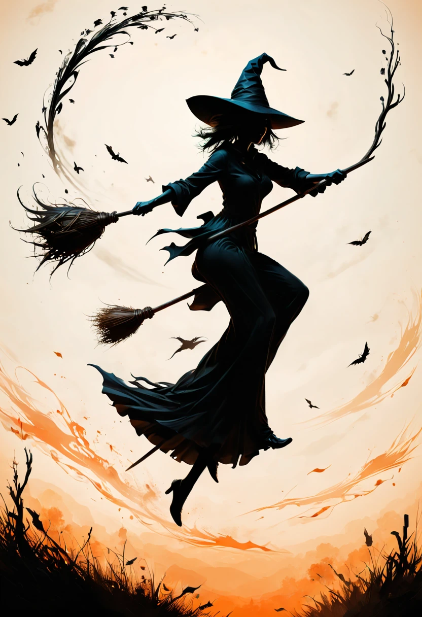 Silhouette, Several witches on broom Flying, Flying Broomstick, chasing Race, by Tang Yau Hoong, Motion Blur, (best quality, masterpiece, Representative work, official art, Professional, Ultra high detail, 8k)