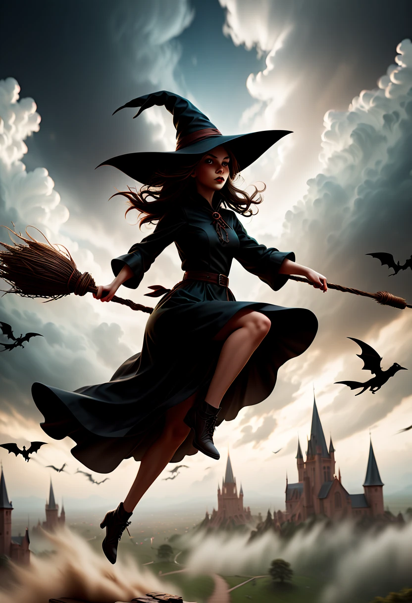 Silhouette art, outline of Several witches on broom Flying, Flying Broomstick Race, chasing Race, high altitude clouds, matte painting, (Motion Blur, best composition), (best quality, masterpiece, Representative work, official art, Professional, Ultra high detail, 8k:1.3)