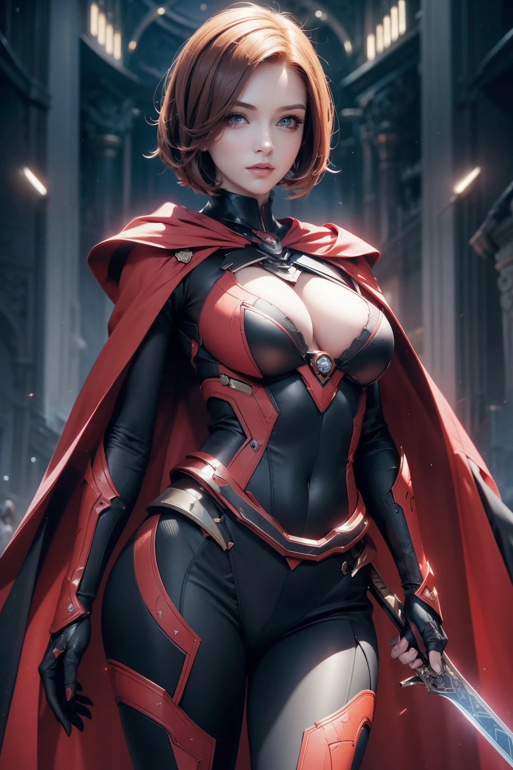 Waist up (perspective angle from bottom to top) super heroine hot woman (short bob redhead hair) (masterpiece), best quality, expressive eyes, perfect face, art in fantasy mythic action effect, sharp focus, wearing super detailed suit with mechanicles part & hero cape, cybersamurai, glowing, holding sword