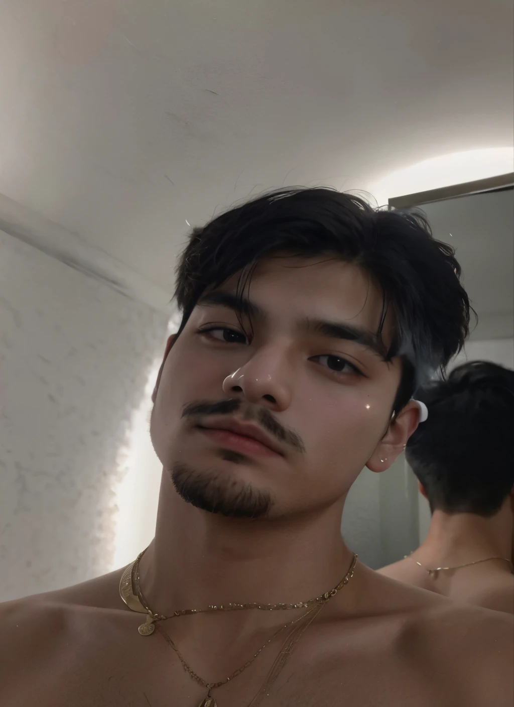 Taehyung, hyung tae, do BTS, an asian man who is looking in the mirror with a necklace, monocelha, 18 anos de idade, profile picture with headshot, rosto bonito, aykut aydogdu, 22 anos de idade, 21 anos de idade, short facial hair, cerca de 19 anos, rosto bonito, cavanhaque, bigode fino, short cavanhaque, 23 anos