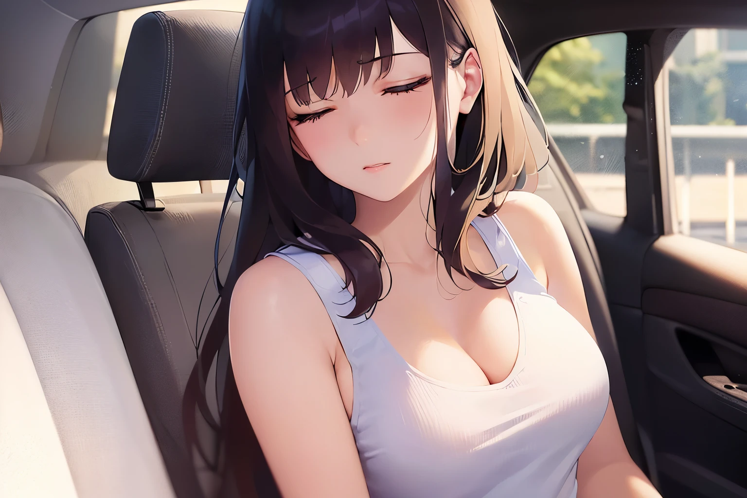 medium shot, (looking away:1.5), side angle, Realistic, real person, RAW photo, photorealistic, portrait photography, shiny skin, japanese idol、(20 year old woman with black bangs) and (blunt bangs) and (straight midium hair), cleavage, (wearing a white V-neck tank top:1.5)、(closed eyes:1.5), Alone、The background is the interior of the car、Sitting in the passenger seat of the car