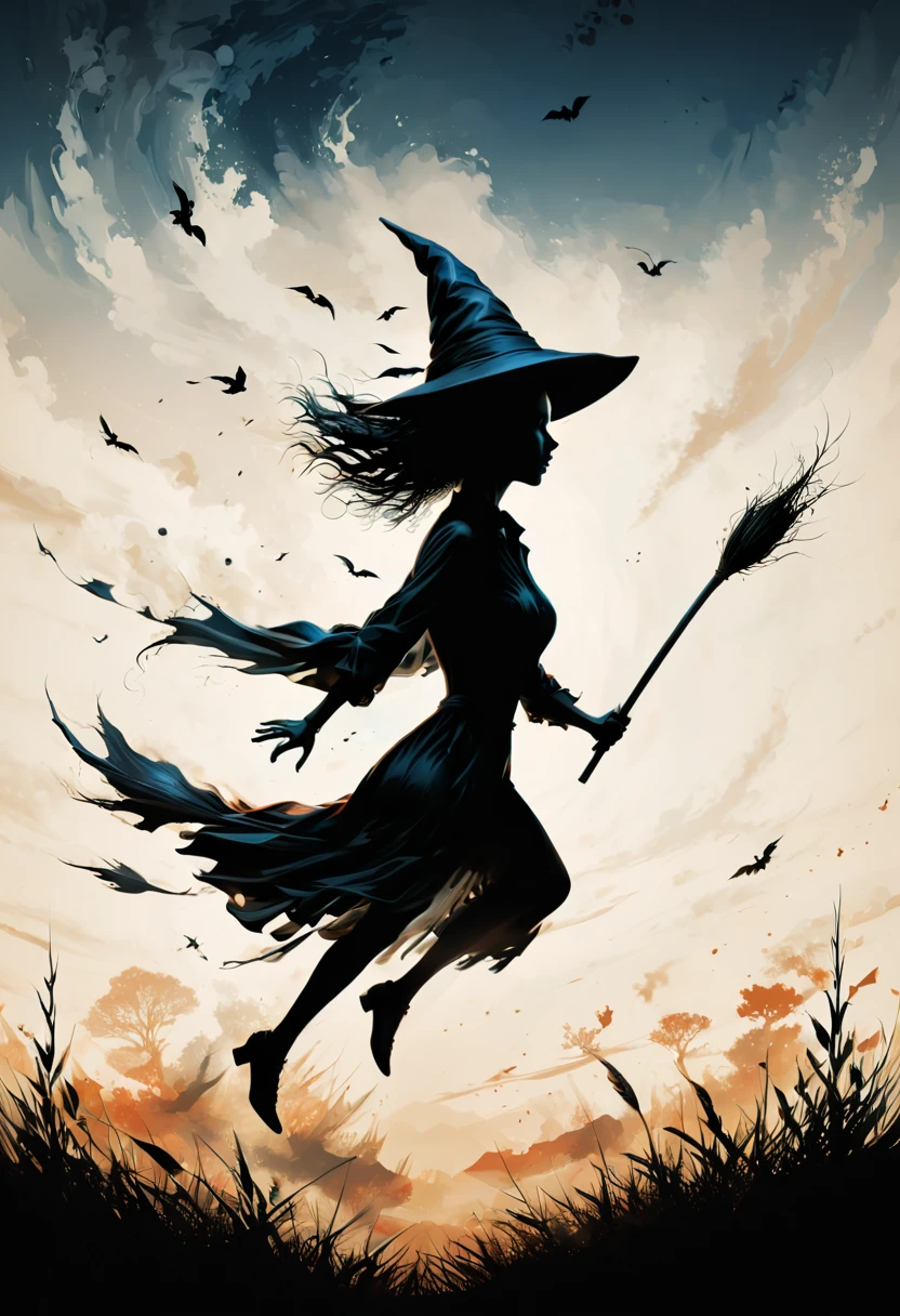 Silhouette, Several witches on broom Flying, Flying Broomstick, chasing Race, by Tang Yau Hoong, Motion Blur, (best quality, masterpiece, Representative work, official art, Professional, Ultra high detail, 8k)