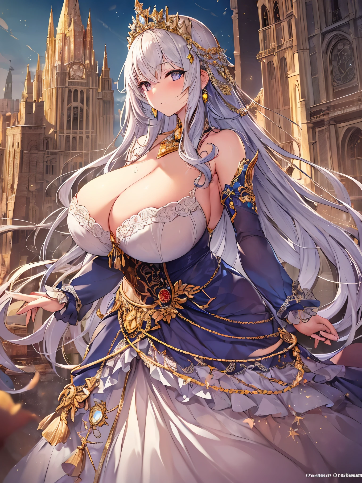 anime artstyle,Masterpiece,Best Quality,Super Detail,((Very Delicate and Beautiful)),(((1 plump princess in beautiful embroidery and jeweled gorgeous rococo ballgown with voluminous hoop skirt))),crinoline skirt,((Solo)),((stand in front of the kingdom's castle,outdoor,sky)),((full body)),(((very gigantic ,very gigantic breastsg breasts,skinde))),cleavage,detailed faces,jewel-like eyes,((extremely voluminous straight Hair,Extremely Long Straight Hair)),((gorgeousfull embroidery and lace,beautiful embroidery and jeweled)),Gorgeous Gemstone Jewelry,gorgeous corsage,((gorgeous hair ornament,glitter jeweled gorgeous big tiara)),((full body)),((beautiful embroidery and jeweled gorgeous rococo ballgown with voluminous hoop skirt)),crinoline skirt,(crinoline),((stand in front of the kingdom's castle,outdoor,sky)),Looking at viewer,dynamic angle,(((beautiful embroidery and jeweled gorgeous rococo ballgown with voluminous hoop skirt))),crinoline skirt,full body,