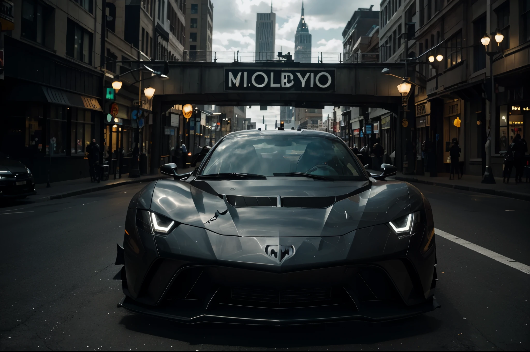 Batmobile racing through the city of Gotham during the day, photorealistic portrait, cinematic, overcast, front view, 4k resolution, hyperdetailed
