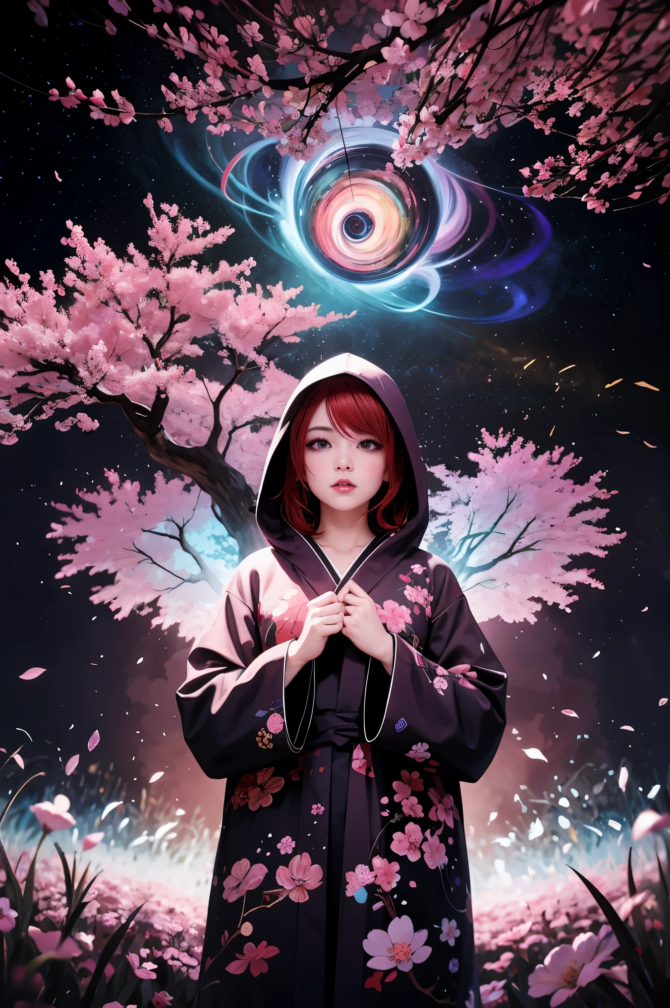 1girl,(red_hair:1.1),(zentangle, mandala, tangle, entangle:0.6),(fractal art),the most beautiful form of chaos,brutalist designed, the most beautiful and highly detailed Harajuku-inspired hooded kimono, cherry blossoms blowing in the wind, enchanted, aesthetic, psychedelic, atmospheric, cosmic