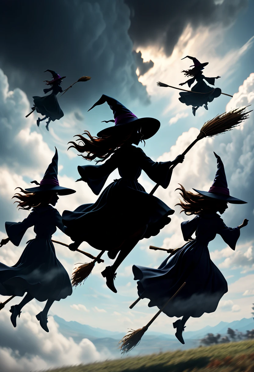 anime art, Silhouette of Several witches on broom Flying, Flying Broomstick Race, chasing Race, high altitude clouds, matte painting, (Motion Blur, best composition), (best quality, masterpiece, Representative work, official art, Professional, Ultra high detail, 8k:1.3)