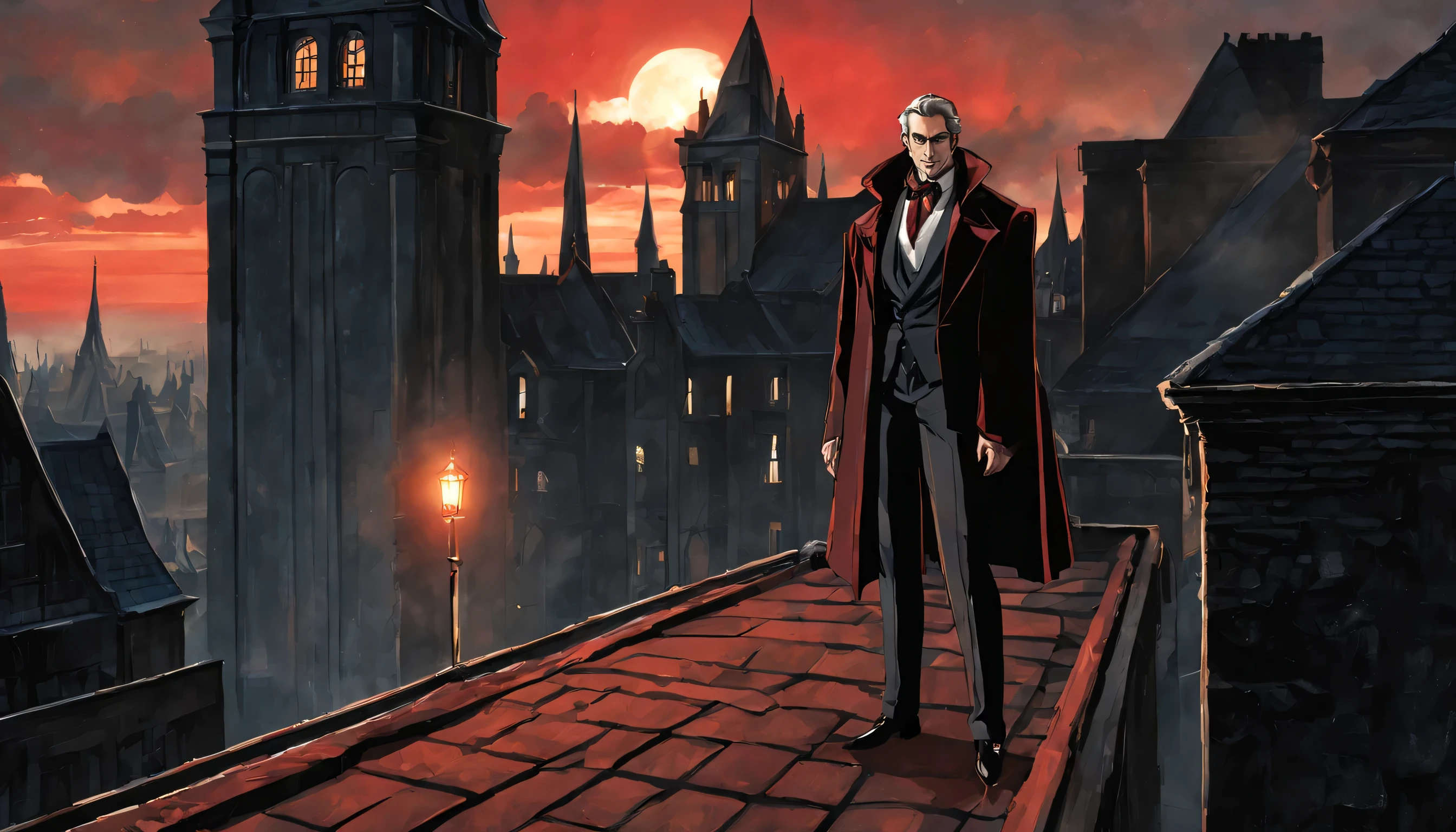  arafed image of a man in a suit and tie standing on a roof, handsome male vampire, androgynous vampire, male vampire, vampire fashion, count dracula, vampire lord, l vampire, victorian vampire, elegant victorian vampire, anime vampires, castlevania inspired, one man vampire, male vampire of clan banu haqim, shigenori soejima illustration, An old man light smile, vampire dressing suid, by Alfons Mucha, Conceptual art, anime, anime, Gothic art, depth of field, cinematic lighting, motion blur, chromatic aberration, sparkle, jpeg artifacts, glowing light, god rays, ray tracing, reflection light, backlighting, blending, bloom, chromatic aberration abuse, dithering, drop shadow, optical illusion, UHD, 1080P, UHD, retina, masterpiece, ccurate, anatomically correct, textured skin, super detail, high details, high quality, award winning, best quality, highres, 1080P, HD, 4K, 8k, 16k