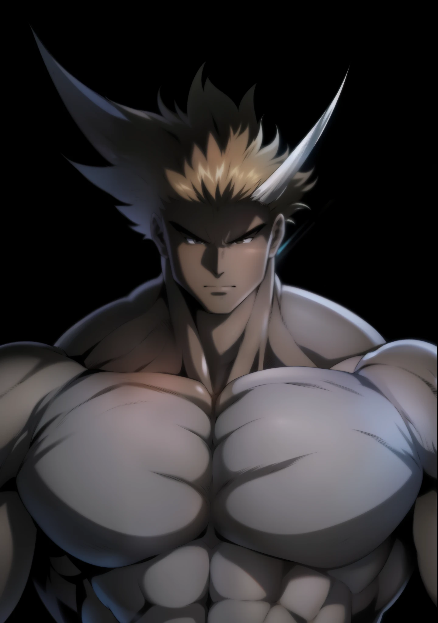 Gere uma imagem arte de anime de um monstro grande , extramente musculoso, cabelos arrepiados orelhas longas , muito amedrontador, a imagem tem que ser estilo anime