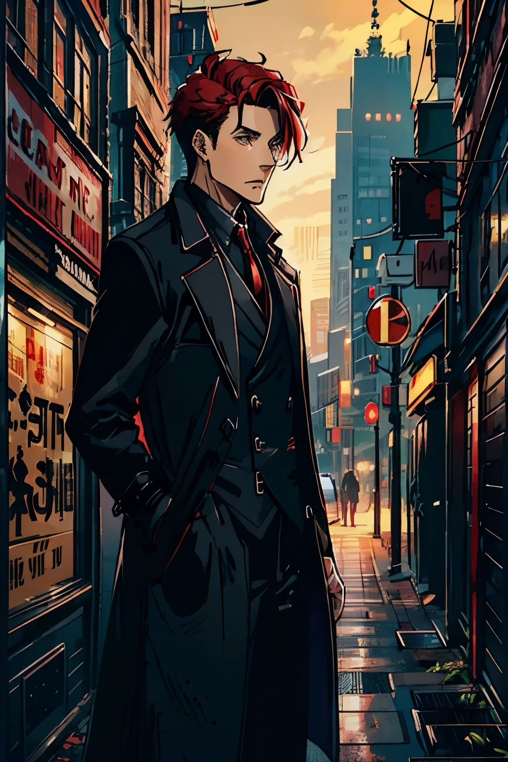 1male, look 29 years old, ((black overcoat)), black suit, ((red hair)), brown eyes.