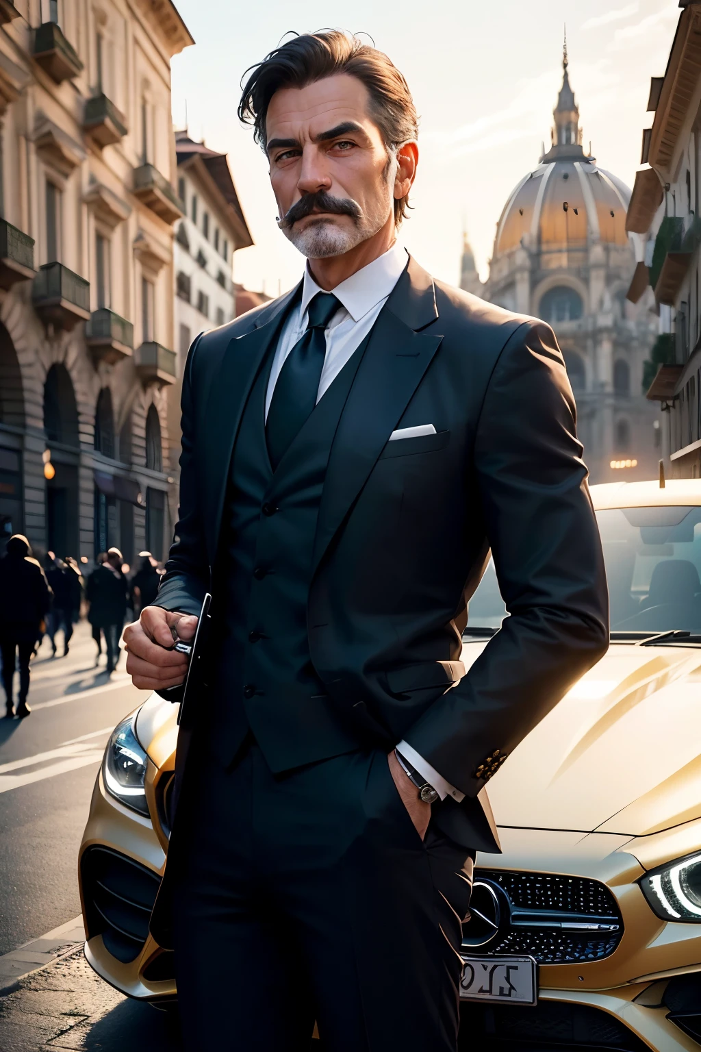 Amidst the grandeur of Milan's historic Duomo square, a middle-aged Italian man takes a pause. With a well-groomed mustache and expressive eyes, he steps out of the sleek, shiny G-Class Mercedes-Benz he's been driving. The sun casts an illuminated glow on the intricate details of the magnificent cathedral behind him, framing his silhouette perfectly. Clad in an elegant suit, he savors the moment before sliding the car keys into his pocket and blending in with the bustling square.