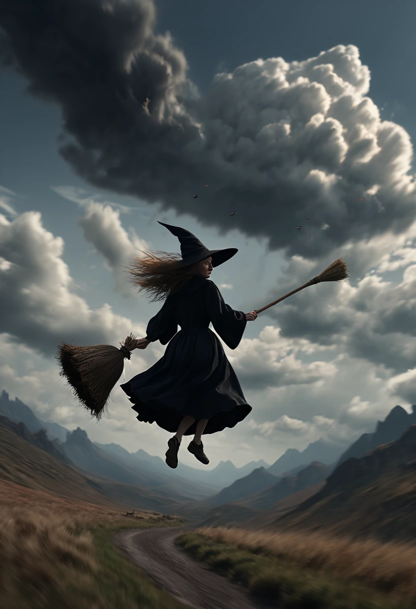 "Room on the Broom", Flying Broomstick, chasing Race, among the clouds, high altitude, (Motion Blur, best composition), (best quality, masterpiece, Representative work, official art, Professional, Ultra high detail, 8k:1.3)