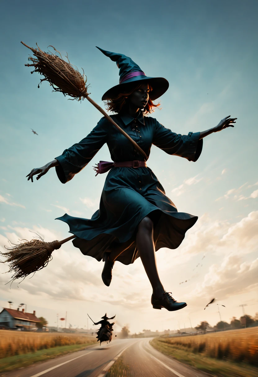 Silhouette, Several witches on broom Flying, Flying Broomstick, chasing Race, by Wes Anderson, Motion Blur, (best quality, masterpiece, Representative work, official art, Professional, Ultra high detail, 8k)