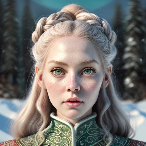 vintage style fantasy, masterpiece, magnificent art, best quality, 1girl, close-up girl nordic princess, Scandinavian mountains, winter weather, symmetrical and hyper detailed face, silky skin like peach silk, vibrant and aggressive green eyes, white and messy hair up to the waist, sculptural body, (sparks: 0.7), Adobe Illustration, Trand on Artstation, 8K, hd, UHD, cold and soft lighting,  --q 500 --s 100, -