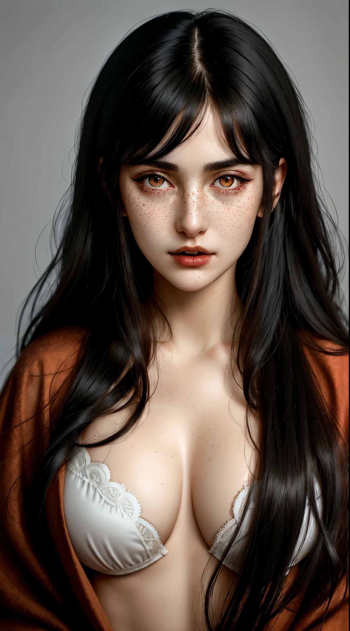 (best quality, hyperdetailed photography:1.2), beautiful lady, freckles,red eyes , black hair,dark makeup, soft light, snoopy breast,head and breast portrait, cover, (detailed beautiful face, detail skin texture, ultra-detailed body:1.1) sexy vampire girl,, massive perfect breast,