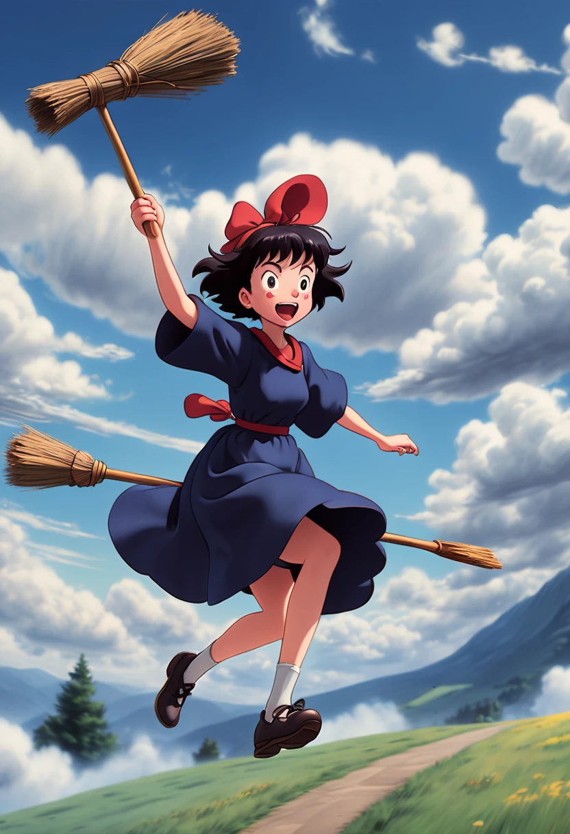 "Room on the Broom", Flying Broomstick, chasing Race, among the clouds, high altitude, (Motion Blur, best composition), (best quality, masterpiece, Representative work, official art, Professional, Ultra high detail, 8k:1.3)