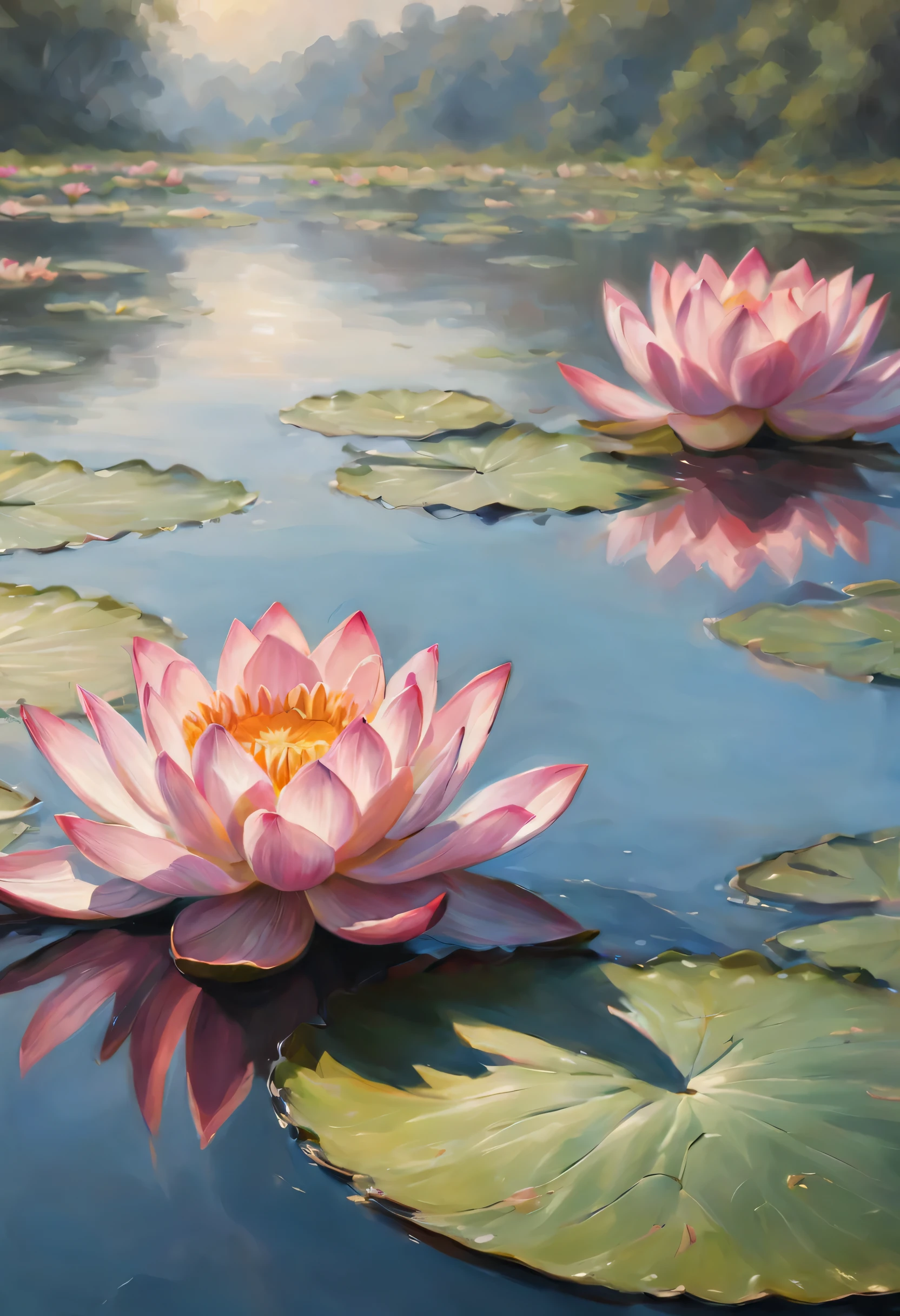 Monet style, beach, cloud, null, water, flower, waterlily, pad, lotus, pink flower, there are no humans, plant, scenery, still life painting, impressionist watercraft, many (style) (masterpiece:1.2), highest quality, High resolution, original, very detailed wallpaper, perfect lighting,(very detailed:1.2), drawing, paintbrush
