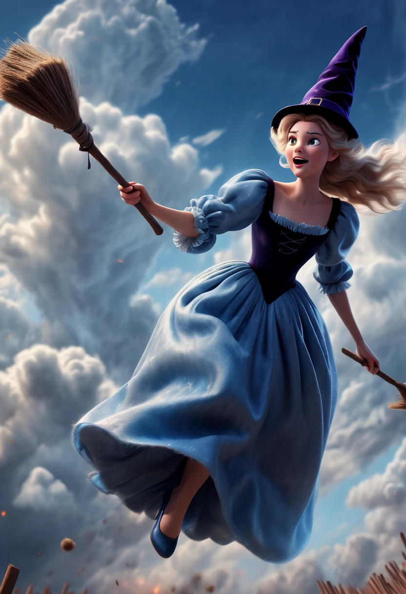 "Room on the Broom", Flying Broomstick, chasing Race, among the clouds, high altitude, (Motion Blur, best composition), (best quality, masterpiece, Representative work, official art, Professional, Ultra high detail, 8k:1.3)