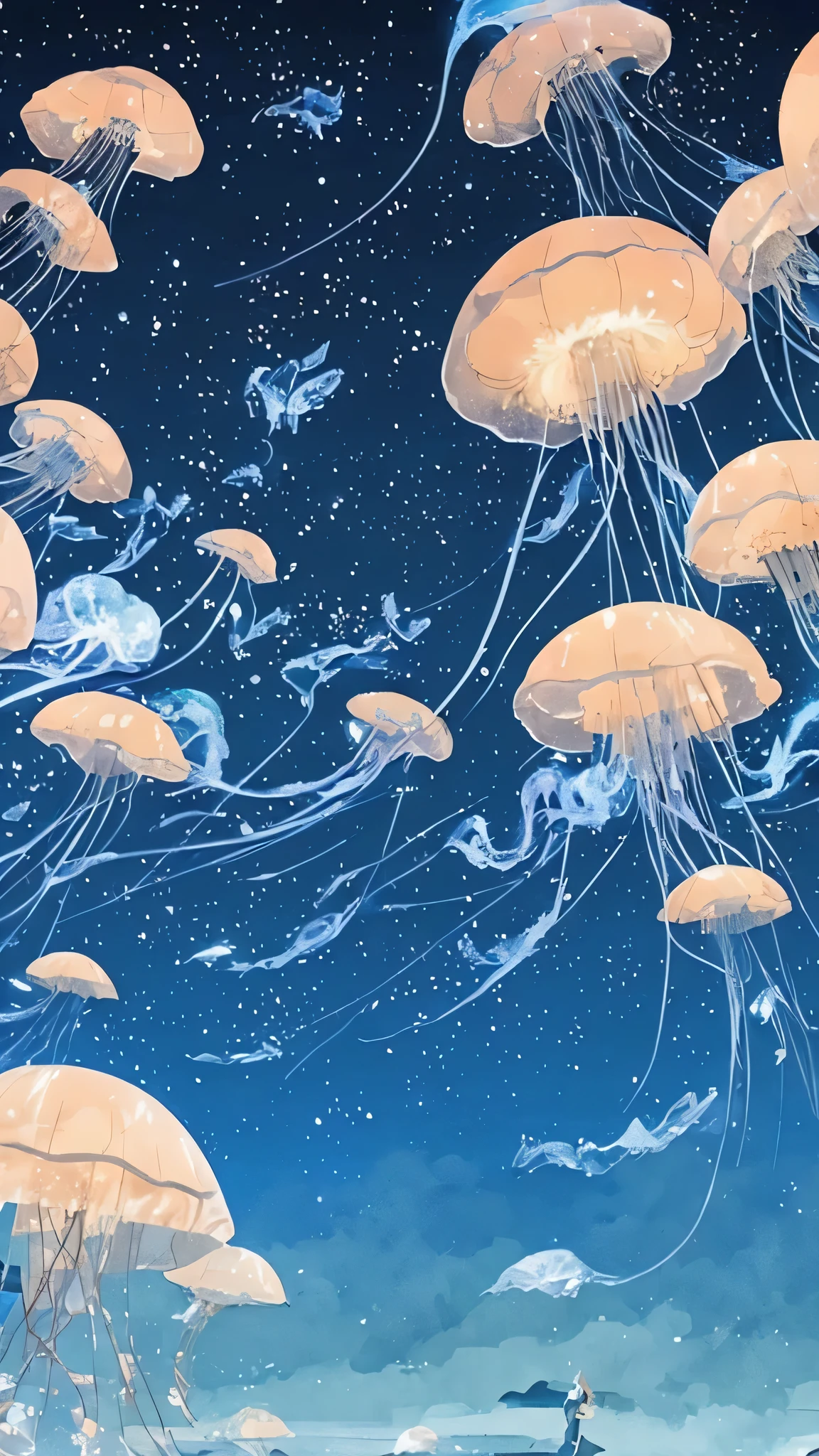 anime background、anime scenery、studio ghibli landscape、ghibli studio anime style、wonderful、Countless jellyfish floating in the sky