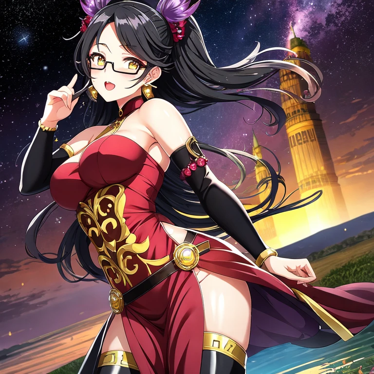 Gaki Ni Modotte Yarinaoshi, Mother of Sera, honey-colored eyes, yellow eyes, elegant, stunning outfit, wearing with a red bodycon long high neck satin dress, glasses, high boots and stiletto heels. She is standing over the water of a lake in a burning jacaranda forest with a starry sky and a crescent moon. reflection. black gloves. purple flames. red lipstick. Gold jewelry. Milky Way. fireflies, alone, sunset, dynamic pose, reflection, shading, brightness, vibrant colors, artistic dedication, details, creative, medium, black hair, tied hair, open mouth, small breasts, side perspective, seductive look