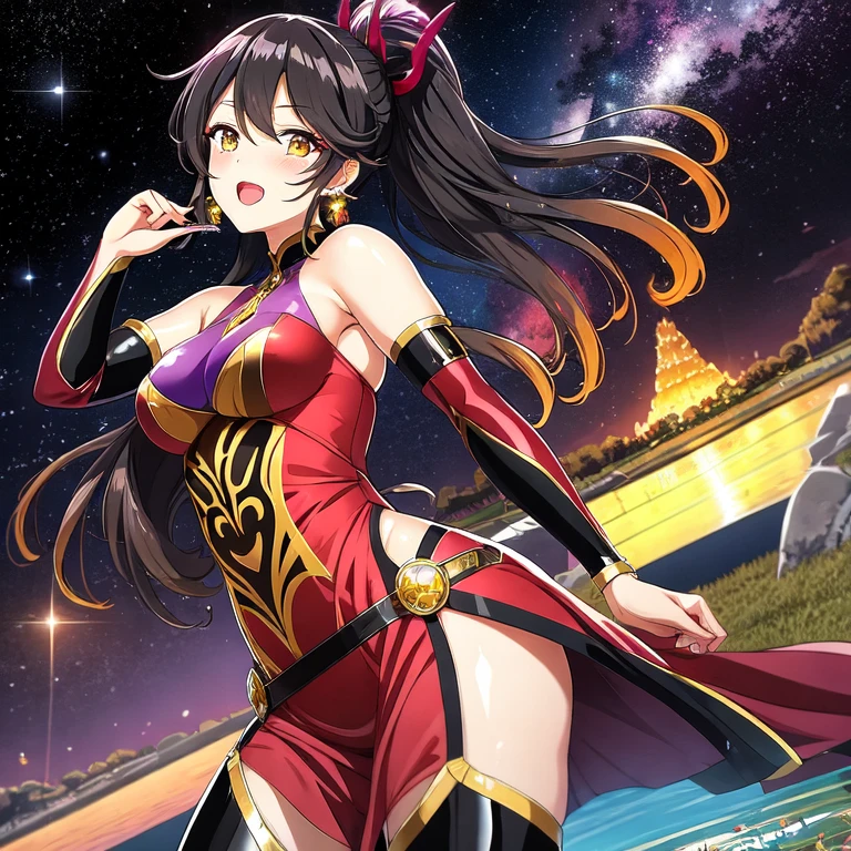 Gaki Ni Modotte Yarinaoshi, Mother of Sera, honey-colored eyes, yellow eyes, elegant, stunning outfit, wearing with a red bodycon long high neck satin dress, high boots and stiletto heels. She is standing over the water of a lake in a burning jacaranda forest with a starry sky and a crescent moon. reflection. black gloves. purple flames. red lipstick. Gold jewelry. Milky Way. fireflies, alone, sunset, dynamic pose, reflection, shading, brightness, vibrant colors, artistic dedication, details, creative, medium, black hair, tied hair, open mouth, small breasts, side perspective, seductive look