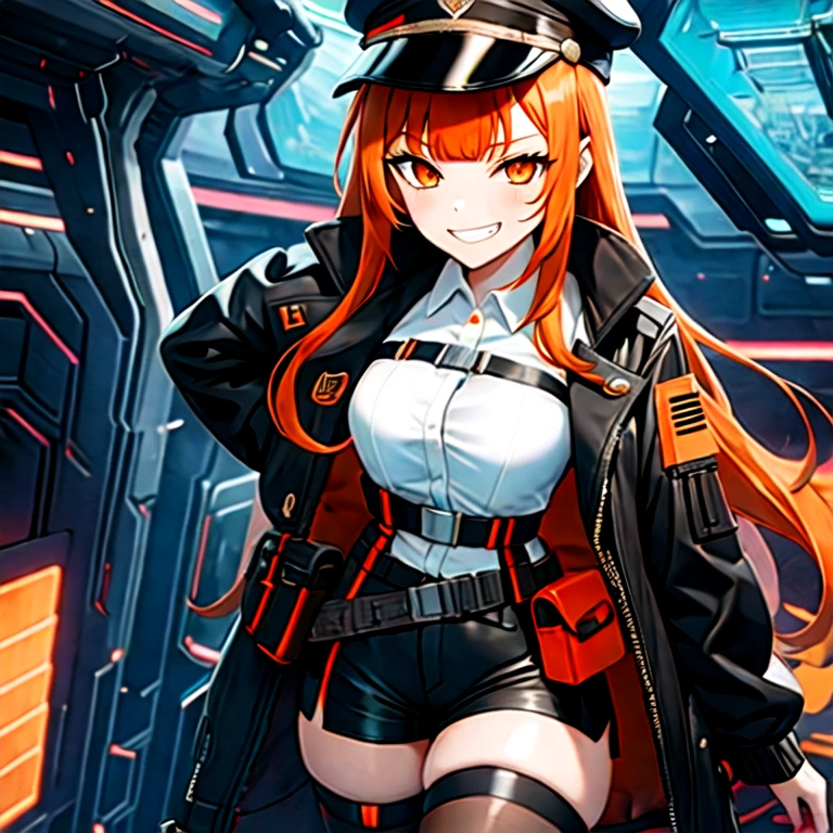1girl, solo, grin, white collared shirt, black coat, peaked cap, patchwork clothes, orange hair, orange eyes, asymmetrical hair, bangs, blunt bangs, curtained hair, side swept bangs, sidelocks, smirk, open mouth, anatomically correct, multicolored jacket, orange trim, high waist shorts, medium breasts, long hair, thighhighs, cyberpunk, futuristic, spacecraft interior, chest belt, belt pouch,