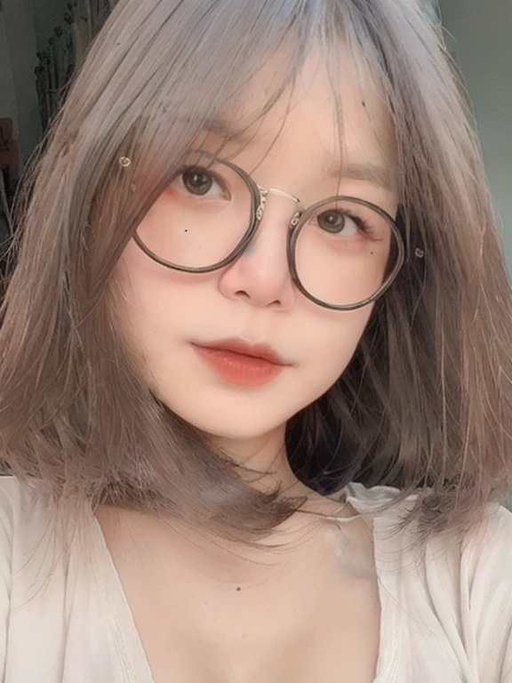 (realistic、masterpiece、Best Quality、8K、highres、high resolution:1.3)、1 girl、Big breasts、glasses、white bikini、looking at viewers、super fine face and eyes、long hair、 exposed cleavage、upper body、