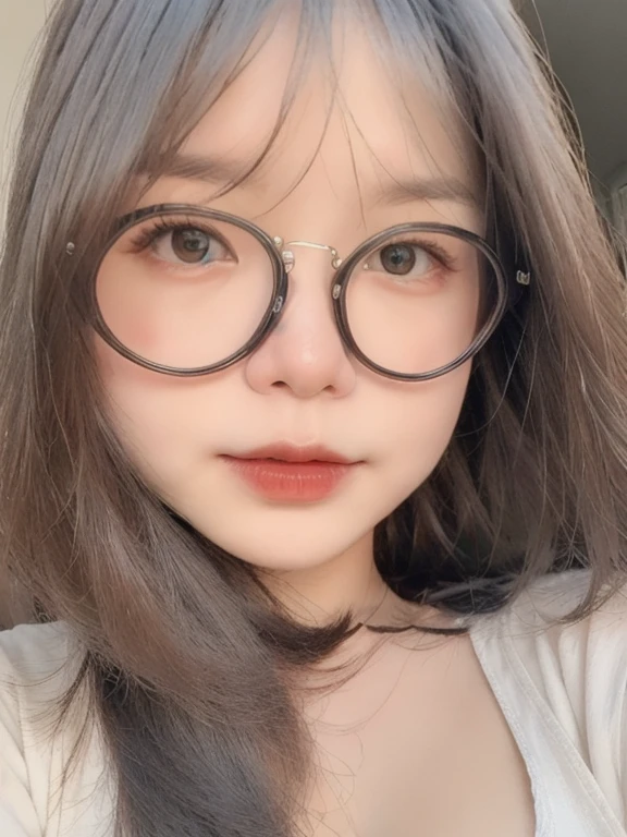 (realistic、masterpiece、Best Quality、8K、highres、high resolution:1.3)、1 girl、Big breasts、glasses、white bikini、looking at viewers、super fine face and eyes、long hair、 exposed cleavage、upper body、
