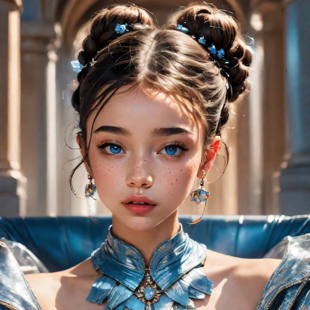 (masterpiece, best quality:1.2), 1girl, solo. A very beautiful, well-groomed girl, with clear skin, normal facial features, beautiful lips and a slight smile on her face. beautiful figure, modern clothes, cool modern couture dress. presentation background, neutral gray-blue, in virtual space. highest quality, 16K. FULL HD, cinematic rendering. Create a piece of art that captures Michela's unique beauty. Famous digital influencer. Sits in a chair, in a relaxed position. Focus on her unique facial expression as she looks straight into the camera, trying to capture the intensity of her piercing blue eyes. Capture her signature style with a Spanish-inspired updo styled in two carefully crafted hairpieces. Add details that reflect her charming and avant-garde personality. We took care to convey the aura of modernity and originality that characterizes Lil Miquela in the digital world. A few freckles and nevi, as well as short hair wrapped up.