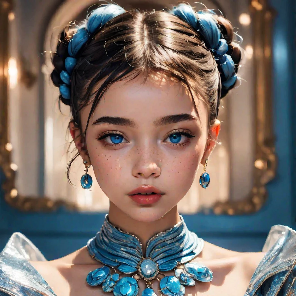 (masterpiece, best quality:1.2), 1girl, solo. A very beautiful, well-groomed girl, with clear skin, normal facial features, beautiful lips and a slight smile on her face. beautiful figure, modern clothes, cool modern couture dress. presentation background, neutral gray-blue, in virtual space. highest quality, 16K. FULL HD, cinematic rendering. Create a piece of art that captures baby Michela's unique beauty. Famous digital influencer. Sits in a chair, in a relaxed position. Focus on her unique facial expression as she looks straight into the camera, trying to capture the intensity of her piercing blue eyes. Capture her signature style with a Spanish-inspired updo styled in two carefully crafted hairpieces. Add details that reflect her charming and avant-garde personality. We took care to convey the aura of modernity and originality that characterizes Lil Miquela in the digital world. A few freckles and nevi, as well as short hair wrapped up.