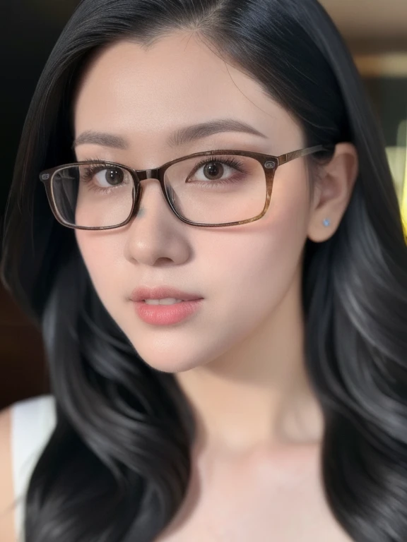 (realistic、masterpiece、Best Quality、8K、highres、high resolution:1.3)、1 girl、Big breasts、glasses、 bikini、looking at viewers、super fine face and eyes、long hair、upper body、