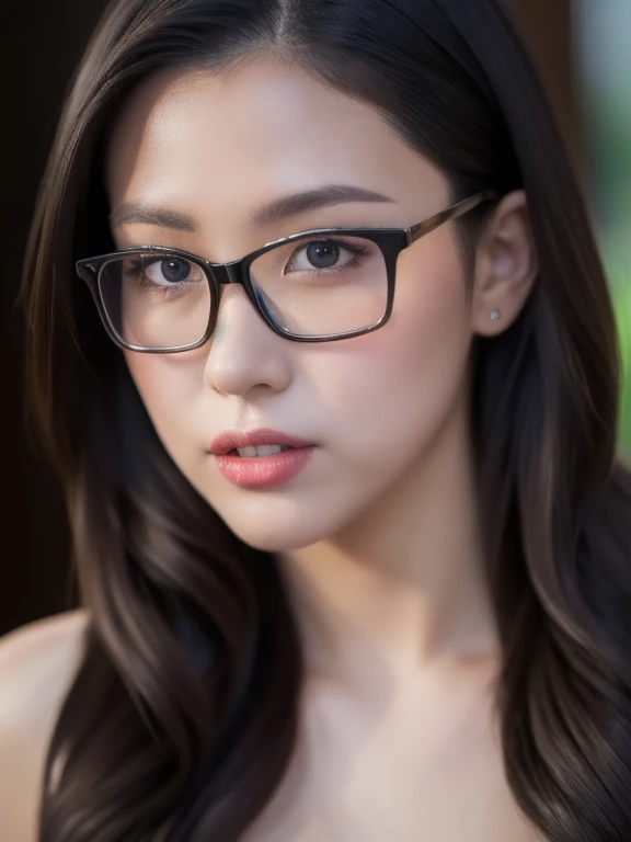 (realistic、masterpiece、Best Quality、8K、highres、high resolution:1.3)、1 girl、Big breasts、glasses、 bikini、looking at viewers、super fine face and eyes、long hair、upper body、