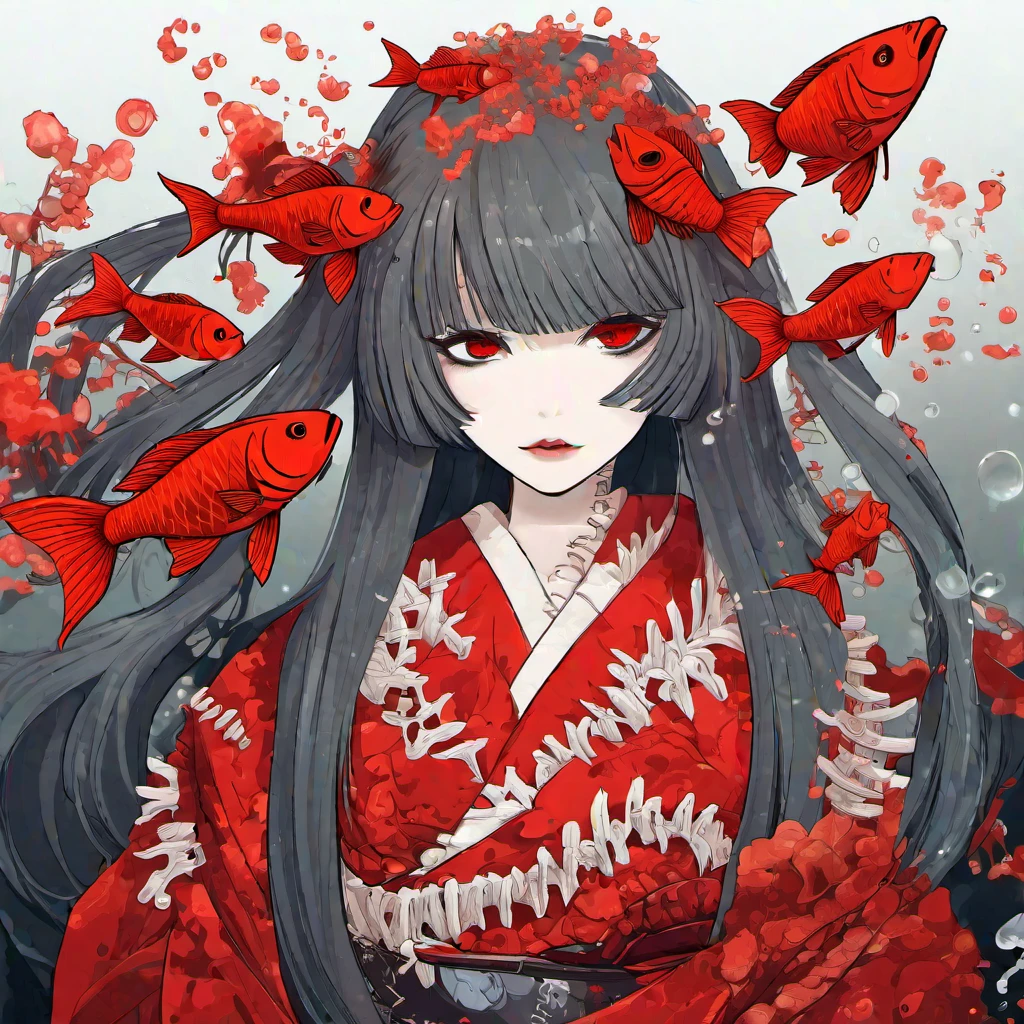 (masterpiece, best quality:1.2), Kimono. fish skeleton in hair, a cartoon image of a woman in a black and red dress, Bandage on the eye, Horror girl, red eyes, white skin, dark kimono, red eyes, fish bones, grey hair, fish skeleton in hair, fish skeleton on belt, bandaged eye, the eye is covered with a bandage, white eye patch, Blood Moon, Scarlet Moon, molten moon, Bloody sky, Horror, Fish skeleton in a girls hair, red eyes in the distance, Eyes are everywhere, Underwater world, corals, corals are everywhere, Bloodwater, bloody water