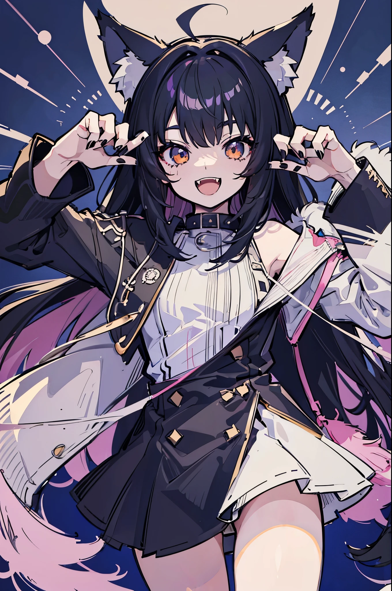 masterpiece, best quality, ultra-detailed, beautiful, nai3, 1girl, solo, smile, wolf girl, wolf ears, wolf tail, fluffy, messy hair, black hair, fangs, open mouth, :d, open jacket, claw pose, sharp fingernails, black nails, (moe artstyle:1.2), (scribble lineart1.2), (messy lineart:1.2), (sketch:1.3)