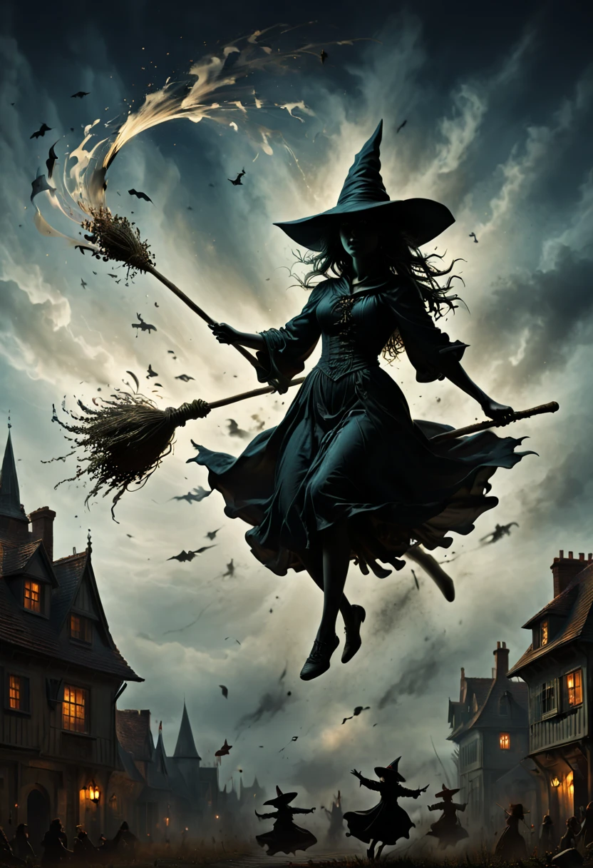Silhouette, Flying witches on broom, by Gustave Doré, Flying Broomstick chasing Race, Motion Blur, (best quality, masterpiece, Representative work, official art, Professional, Ultra high detail, 8k)