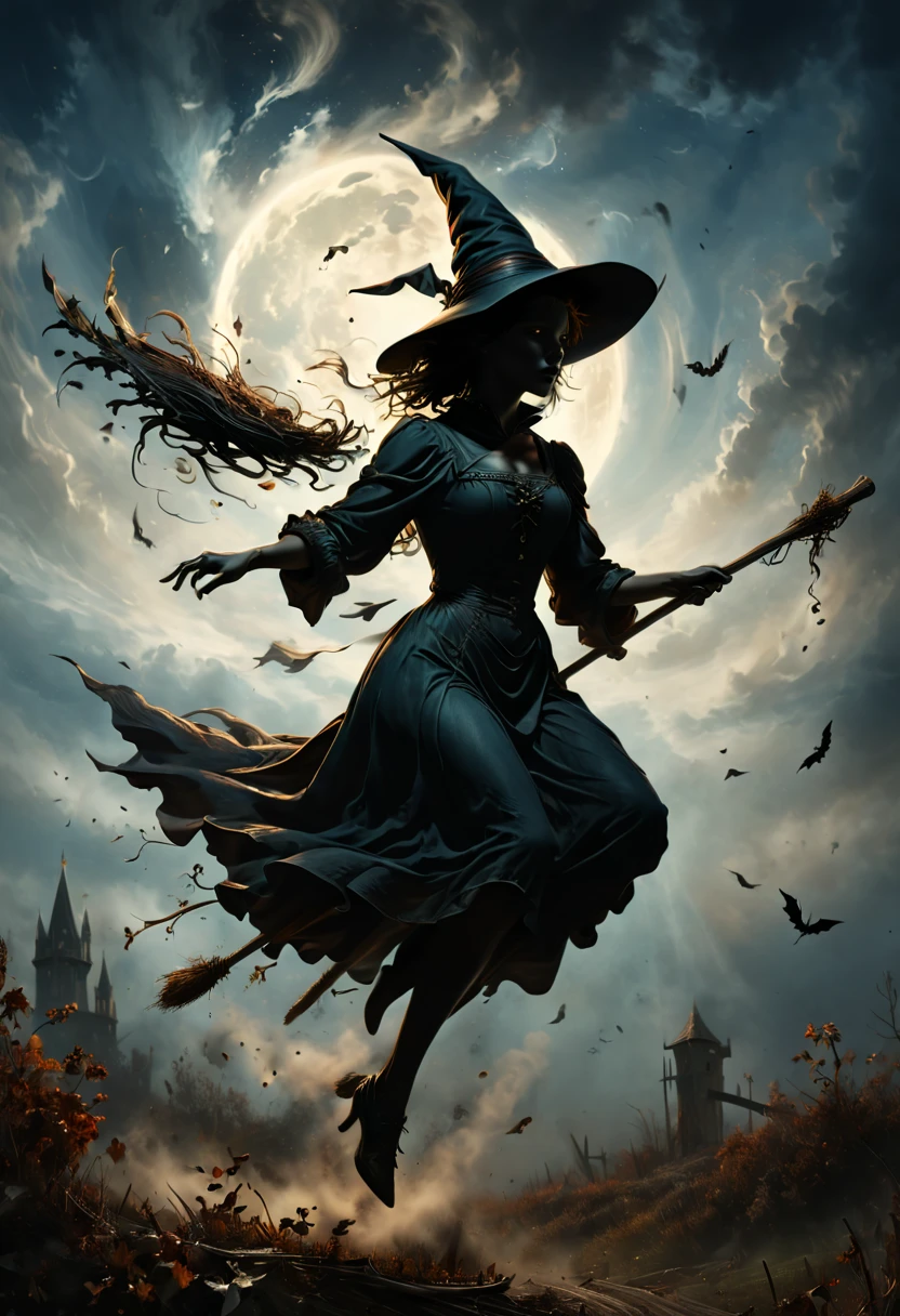 Silhouette, Flying witches on broom, by Gustave Doré, Flying Broomstick chasing Race, Motion Blur, (best quality, masterpiece, Representative work, official art, Professional, Ultra high detail, 8k)