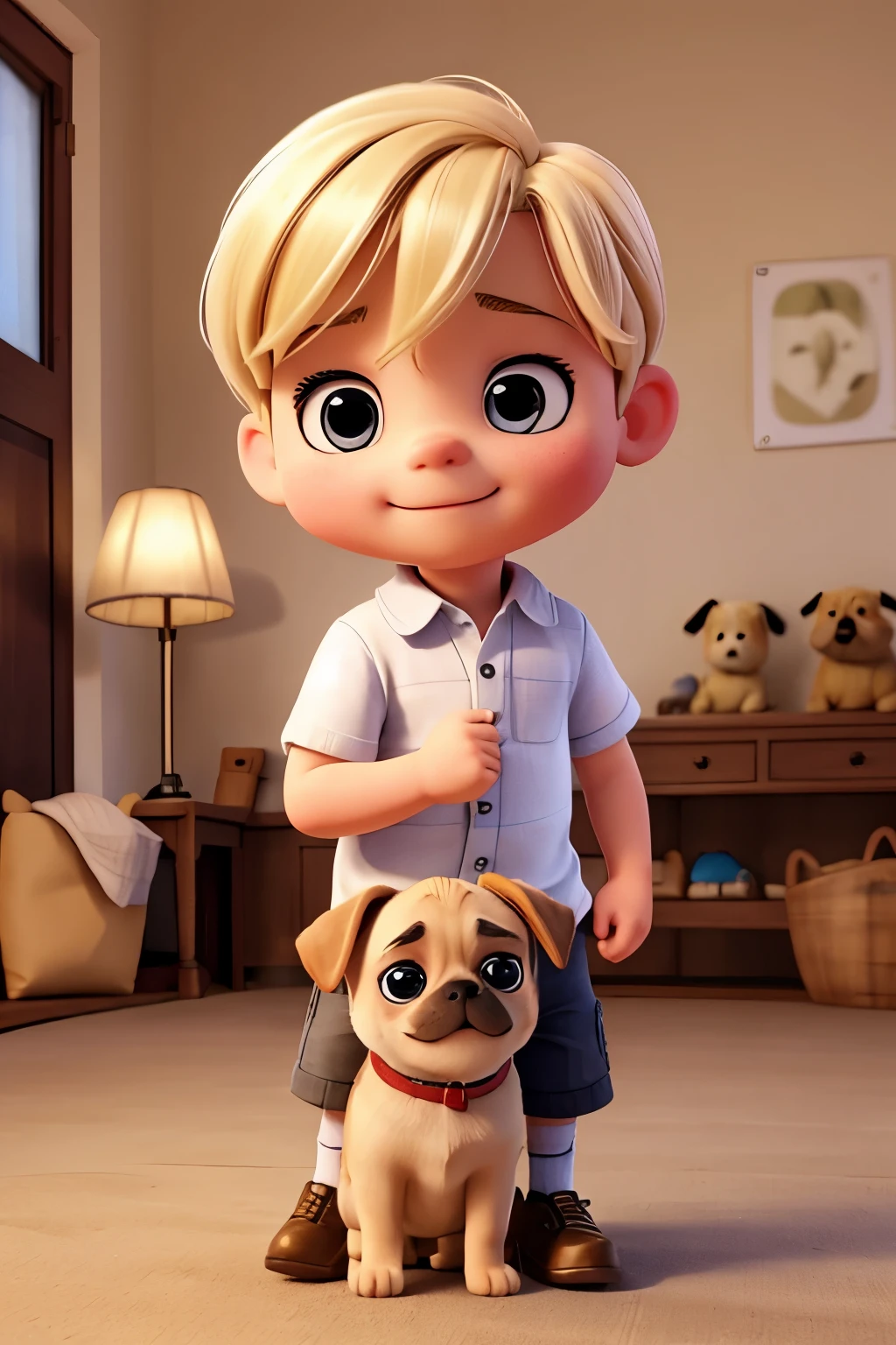a little blond baby boy and a pug, bout very happy