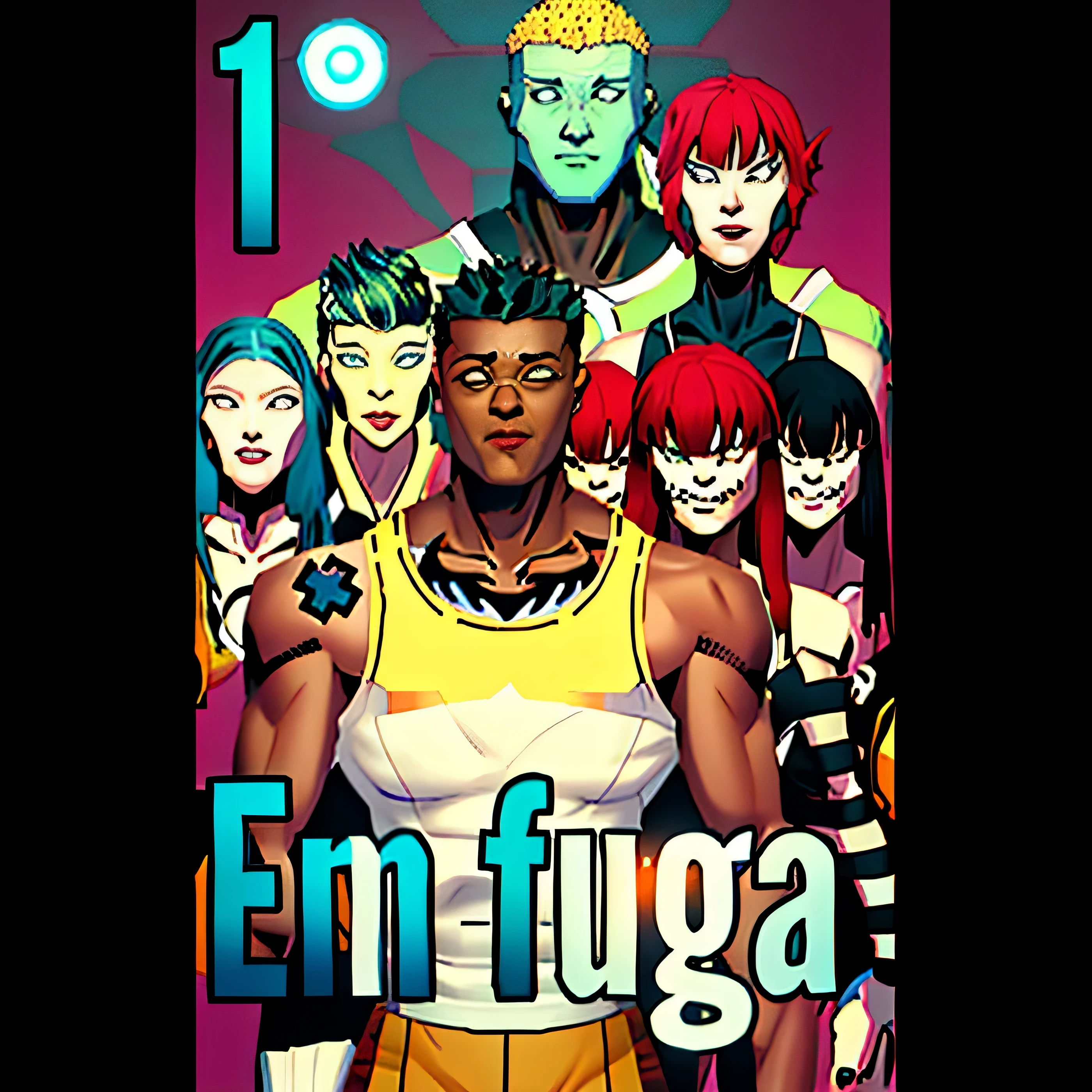 uma imagem de desenho animado de um grupo de pessoas com cabelos de cores diferentes, anime afrofuturismo, Mango!!!, por Noe Canjura, cuta anime, estilo de arte ufotable, ufotable, cover Mango, Arte de capa, Mango anime, 1 figura apenas, ( ( Pele escura ) ), Mango comic, afro futurismo, Eram oito pessoas do anime