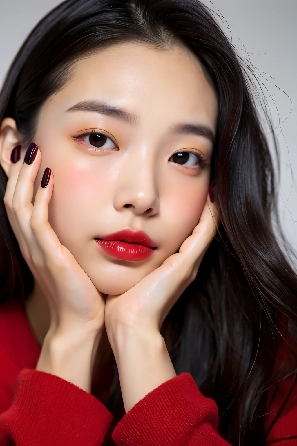 Wearing red nails、Korean Beautiful Girl。I&#39;m resting on my chin、Hiding your face with your hands。