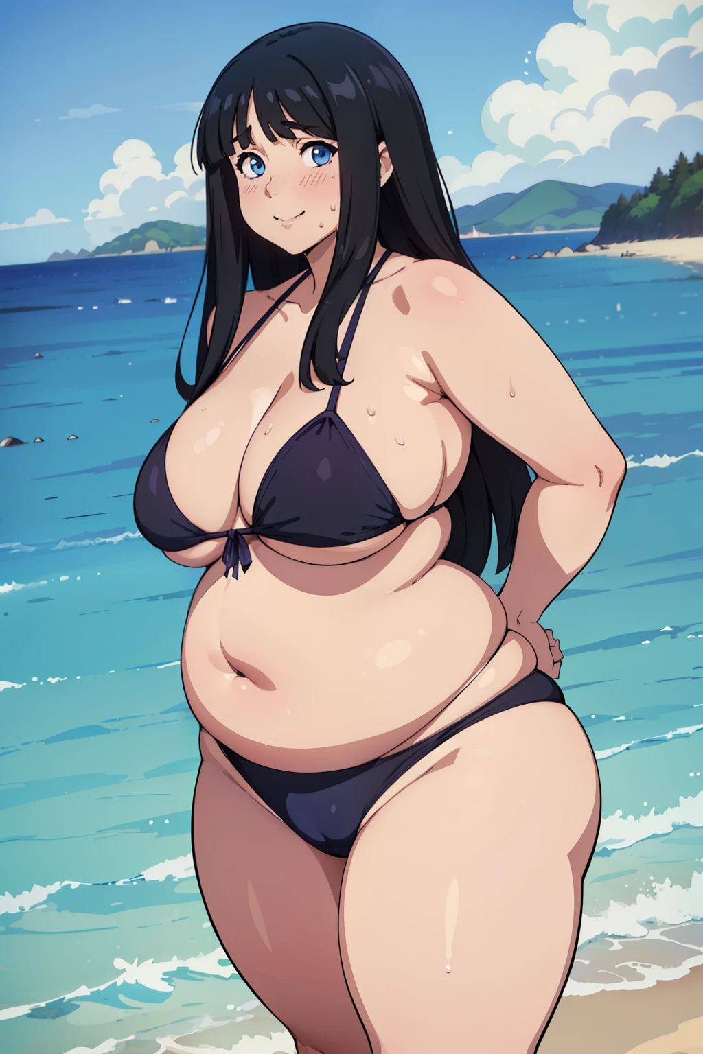 (best quality, masterpiece:1.2), 1girl, solo, smile, solo focus, ((double chin)) beach, depth of field, long hair, blue eyes, black hair, straight hair, hot, sweating, sweaty, purple bikini, see thru, (obesity:1.4), ((fat folds)), ((chubby, fat arms)), (fat rolls, wide belly:1.2),