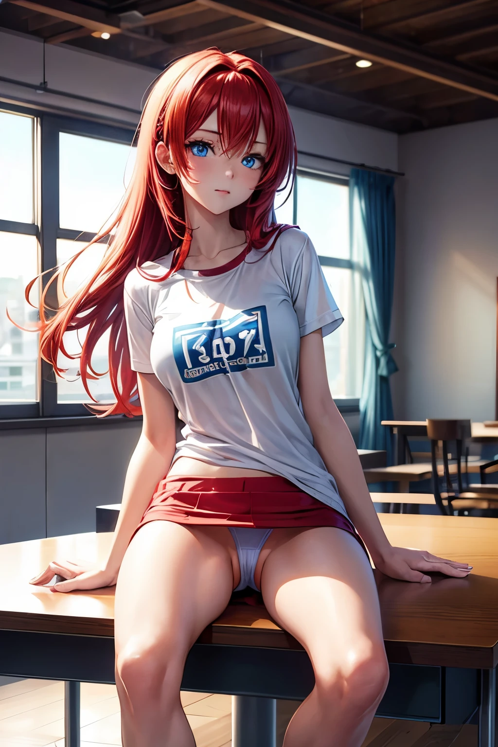 beautiful seductive attractive alluring anime girl with red hair and blue eyes posing on a desk, wearing only a very short low-necked transparent t-shirt with no pants, with no underpants, with no slips, bottom half body naked, with open legs