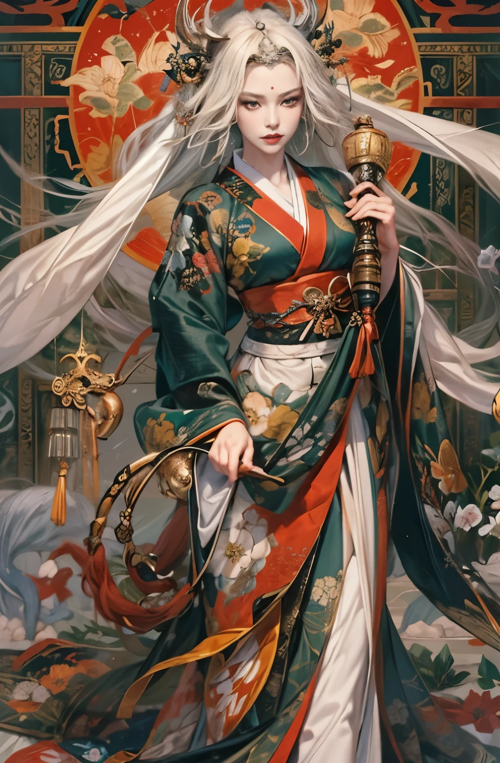 A picture of a beautiful demon standing, Demon woman with a sword, powerful female samurai, mouth with fangs, gambling, platinum blonde demon, Beautiful red kimono, Oiran, highest ranking woman, Ghost Girl, Female Yakuza, Doji Ibaraki, Sake Drinker Doji, Inspired by Chen Yifei, Inspired by Francesco Hayez, Inspired by Hendrik Terbruggen, Jean=Works that influenced Auguste Dominique Ingres, Inspired by Liu Jun, Jean=Works that influenced Auguste Dominique Ingres, highest quality, perfect angle, perfect composition, best shot, official art, cinematic light, figurative art, Beautiful and expressive paintings, Beautiful artwork illustration, wonderful, cool beauty, clear, Mysterious, highest quality, official art, perfect composition,perfect angle, best shot, women only, sharp outline, pretty much beautiful face, demon of kyoto, Lord of Chimi-Mourou, A ruthless demon woman, demon queen, Female Yakuza, full body tattoo, wide, Rashomon, Close-up