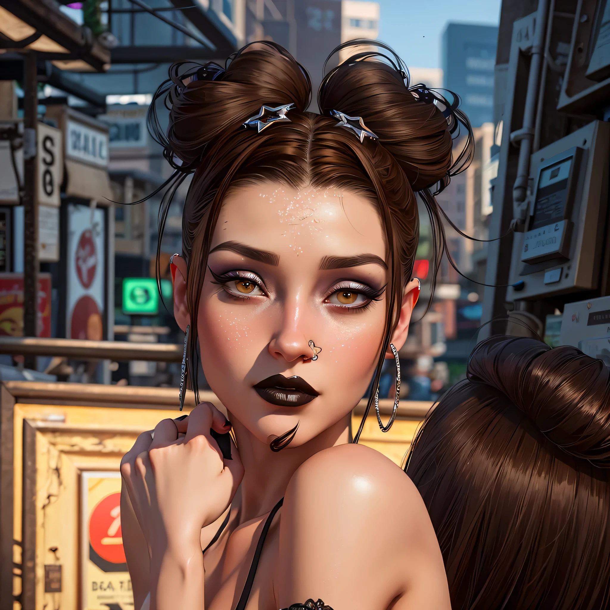 there is a woman with a black lip, wlop glossy skin, glamor profile pose, imvu, second life avatar, tanny skin, realism artstyle, brown hair in two buns, stylized portrait h 640, realistic artstyle, inspired by Dulah Marie Evans, sultry expression, detailed realistic face, hyper realistic style