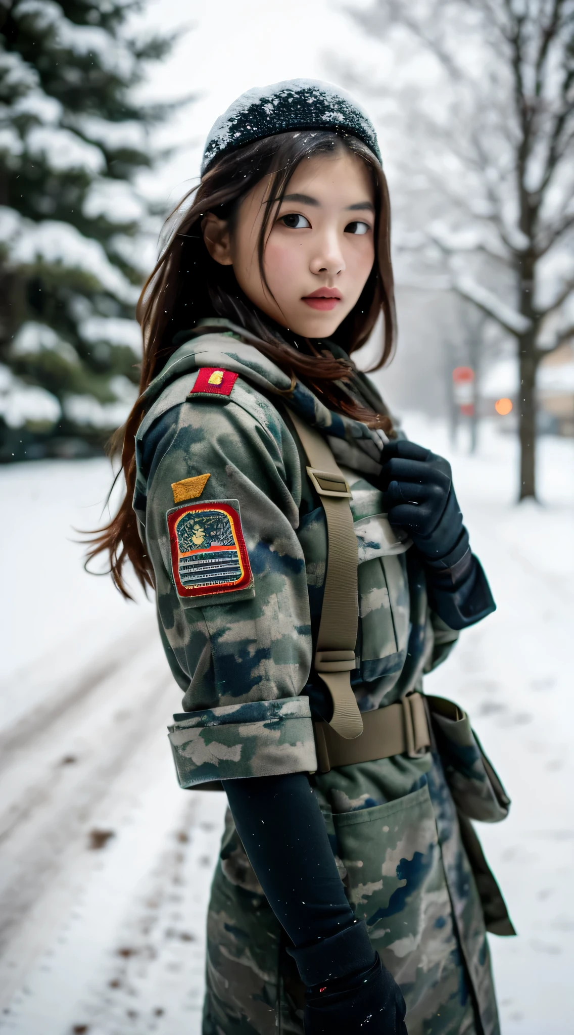 1girll, army suit, standing, Salute, in the winter, Snow,Ice, City, hdr,hyper HD,8K, Best quality, Masterpiece, Highly detailed, Ultra-fine painting, Sharp focus, Physically-based rendering, Extreme detail description, professional, Vivid colors,