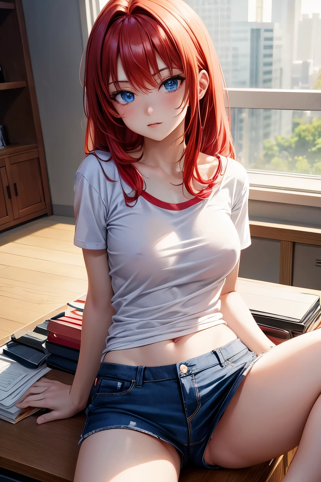 beautiful seductive attractive alluring anime  girl with red hair and blue eyes posing on a desk, wearing only a extremely short t-shirt, semi transparent t-shirt, low-necked shirt t-shirt, laying down towards the camera, with no pants, with no underpants, with open legs