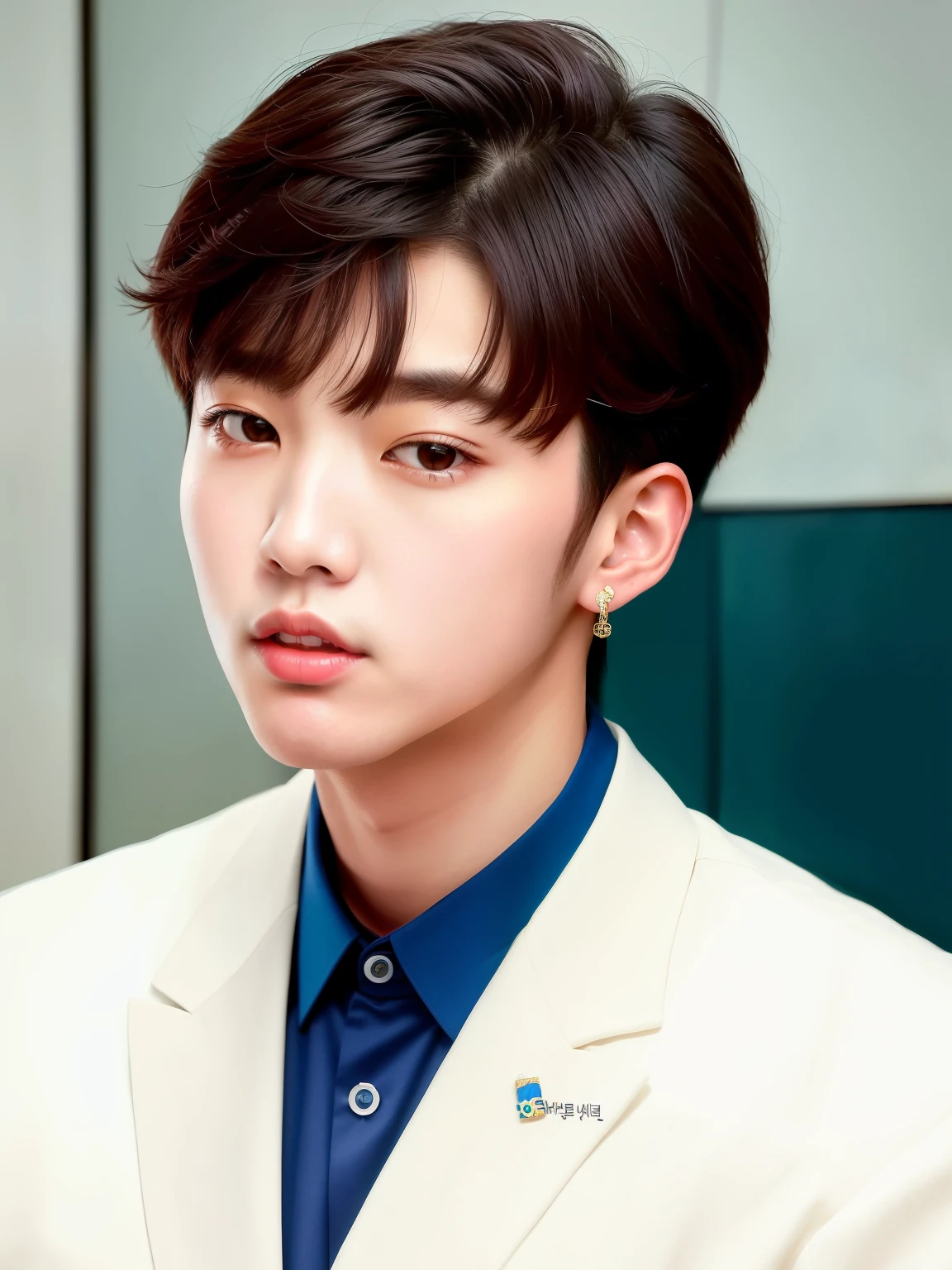 Close up of a South Korean man with charming features akin to Jimin from BTS, Cha Eunwoo, and Yeonjun of TXT. His ear glints with a flashy earring, adding allure to his delicate and elegant features, reminiscent of Chowon Lee.

(masterpiece: 1.5), (high-quality: 1.3), (exquisitely detailed: 1), (closely framed: 1.2), (photorealistic: 1), Close up of a South Korean man, inspired by Jimin from BTS, Cha Eunwoo, and Yeonjun of TXT, (h