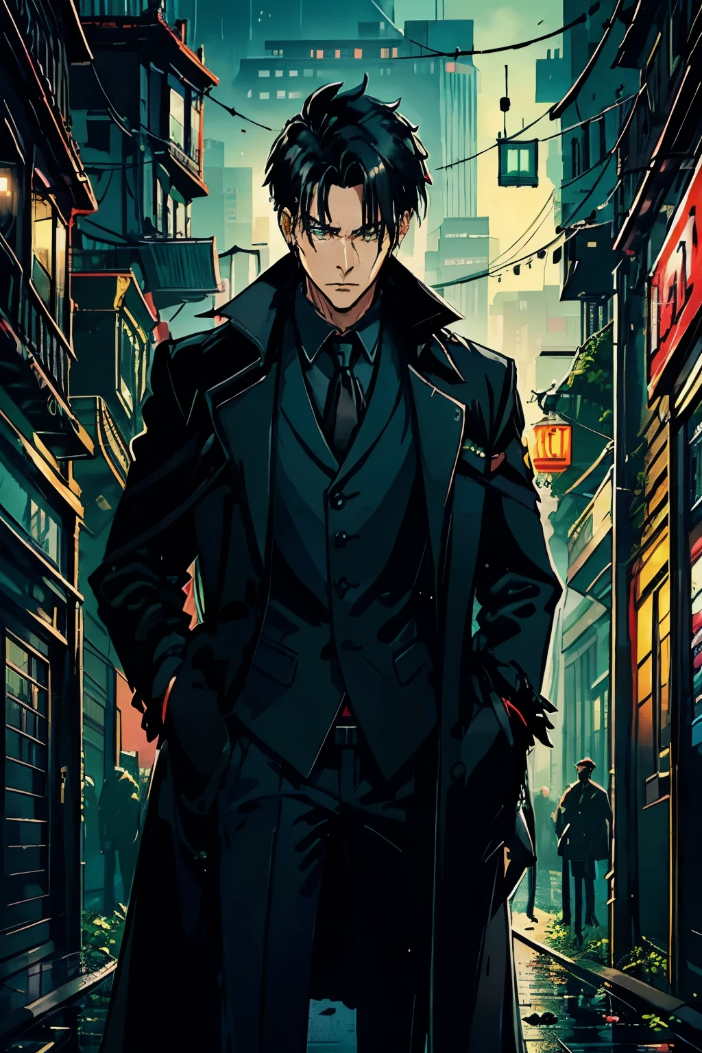 1male, look 29 years old, ((black overcoat)), black suit, ((black hair)), green eyes, ((serius face)).