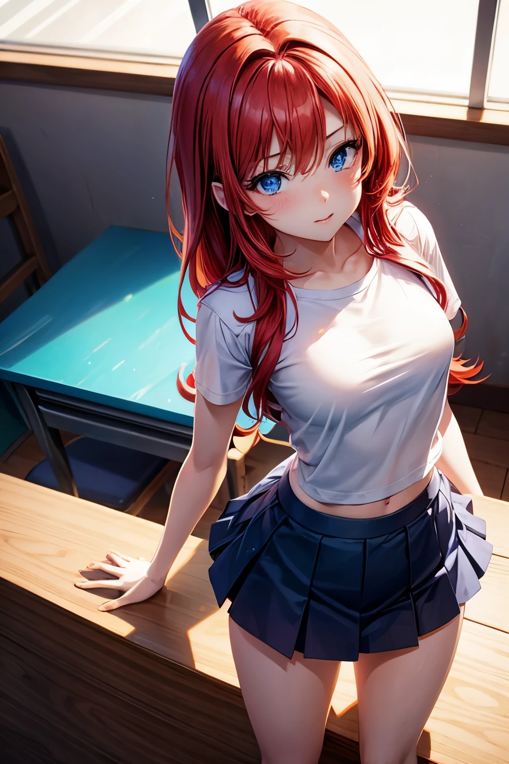 beautiful alluring anime  girl with red hair and blue eyes posing on a desk, seductive anime girl, attractive anime girl, from bottom to top view, extremely short semi transparent t-shirt, naked butt, open legs