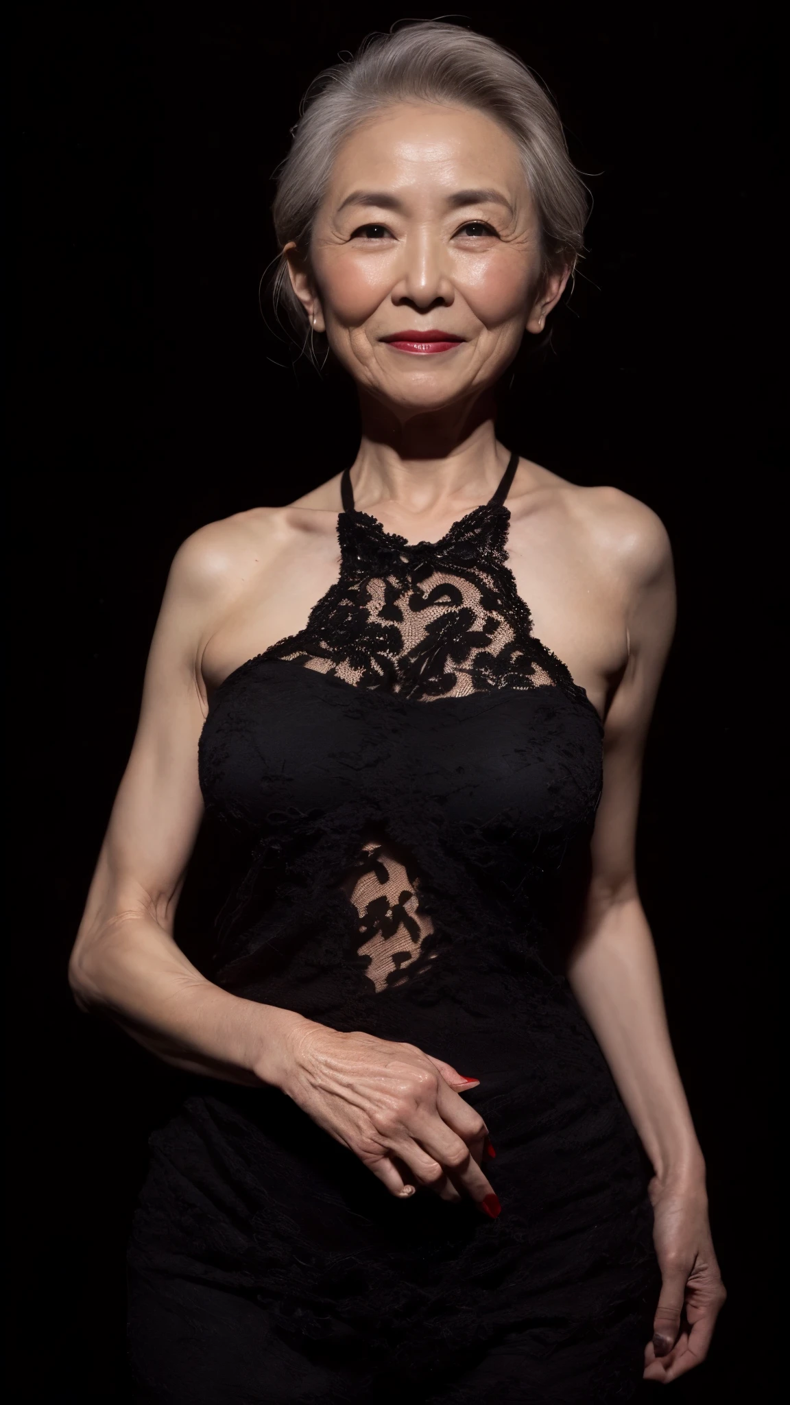 (((pitch black background))):1.3, gravure, describe the lips correctly, red lipstick, from the chest up, In underwear, elderly politician, mature woman, 豊満mature woman, flashy face, highest quality, Super high quality, realistic, super dense skin, perfect description, (日本人mature woman1人), (erotic), 100 years old, big breasts, Bewitching, Glamour, sexy, pure white skin, looking at the viewer,
