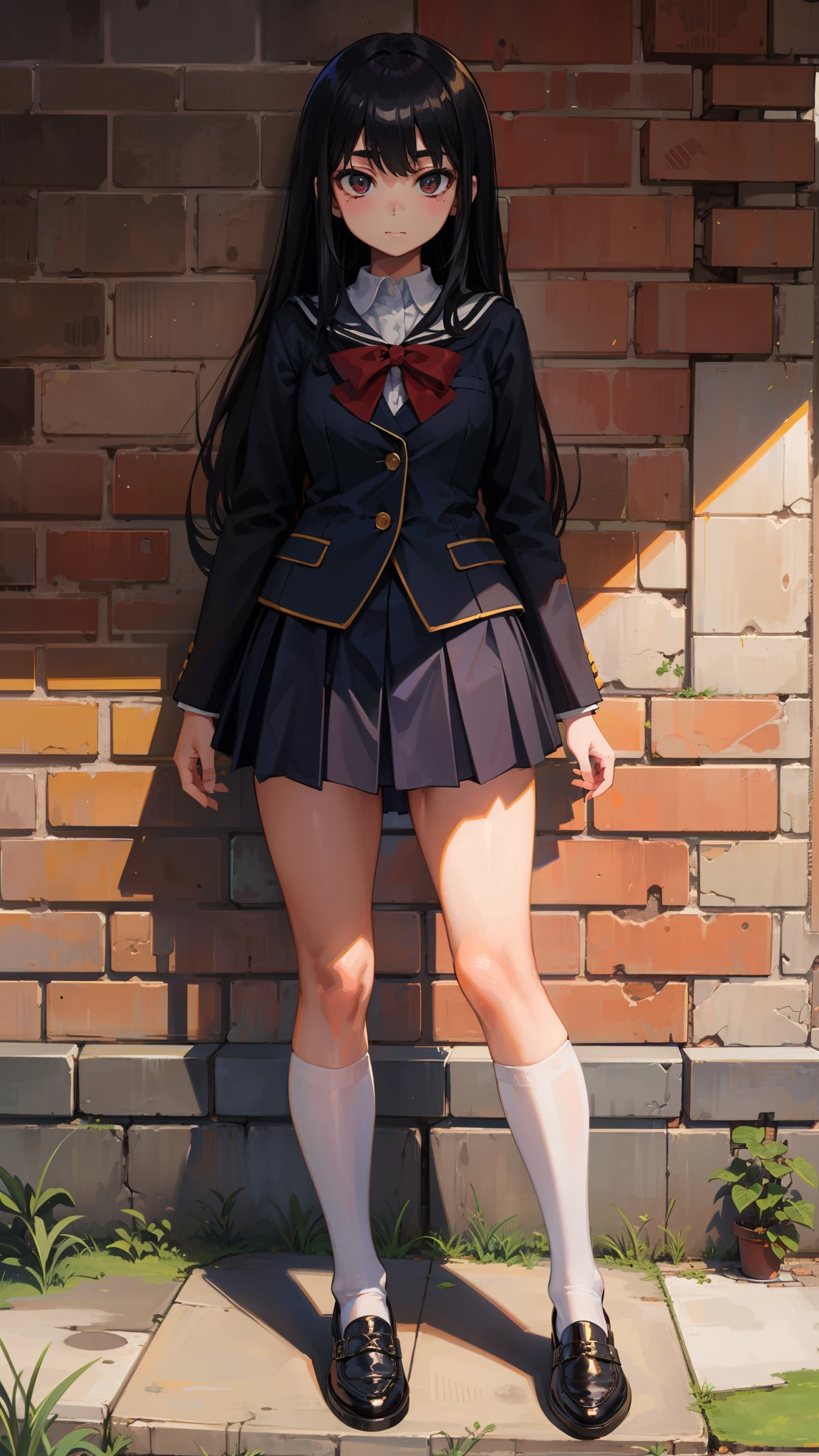 highest quality, full body portrait, delicate face, cute face, female, slim body shape, small bust, high school uniform, white stockings, outdoor scene, in front of a brick wall