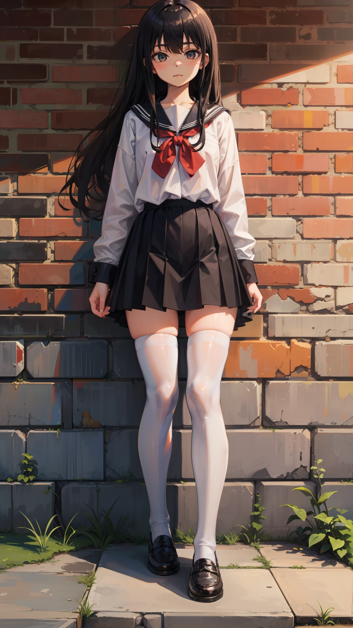 highest quality, full body portrait, delicate face, cute face, 17 year old female, slim body shape, small bust, high school uniform, white stockings, outdoor scene, in front of a brick wall
